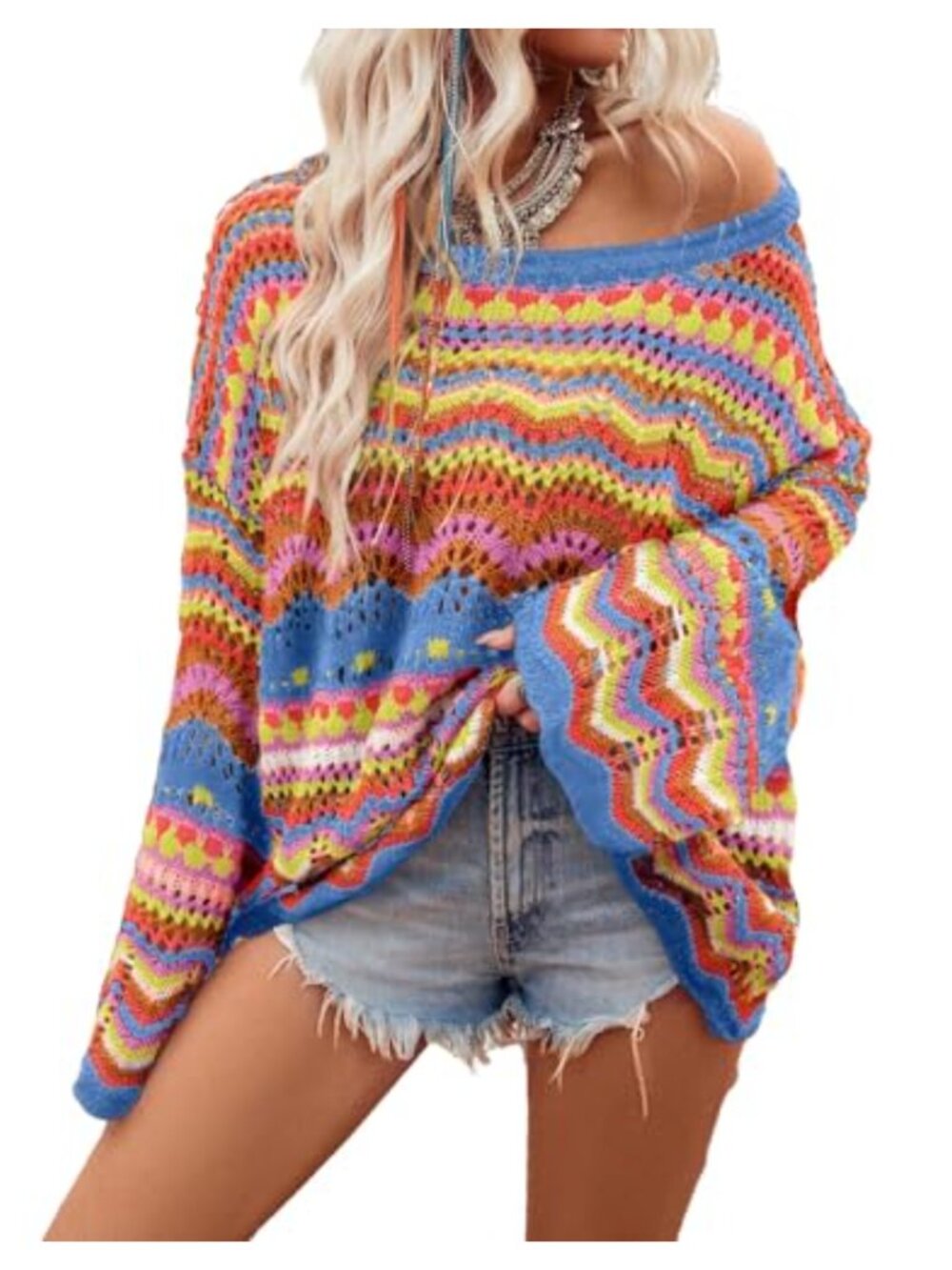 Oversized Crochet Pullover Sweater Hollow Out Long Sleeve Crew Neck